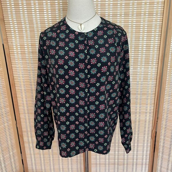 Vintage Navy Floral Button-Up Long Sleeve Blouse - Picture 6 of 9